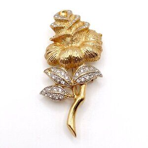 Vintage Gold Tone Rose Brooch with Pave Crystal Accents
